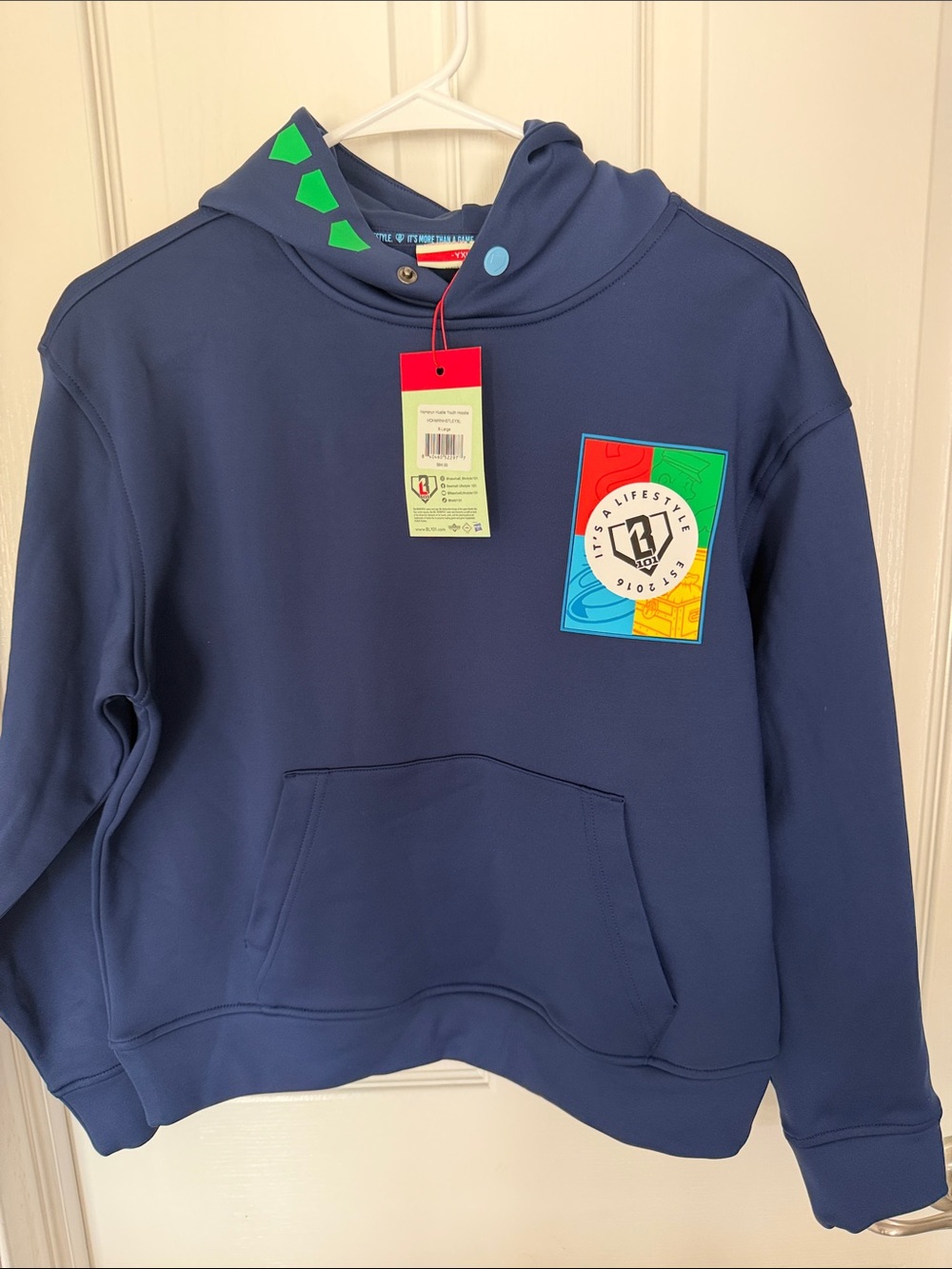 Baseball Lifestyle 101 Kids Navy Hooded Pullover Sweatshirt w/ Color Block Patch